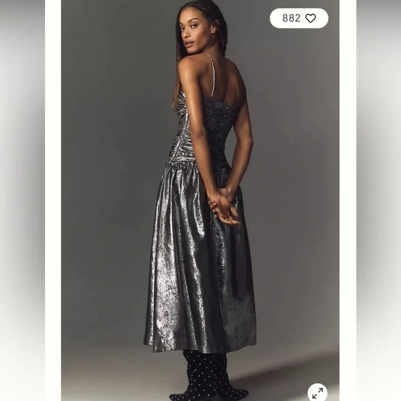 La Maise Studio Ruched Drop-Waist Foil Midi Dress - Picture 4 of 11